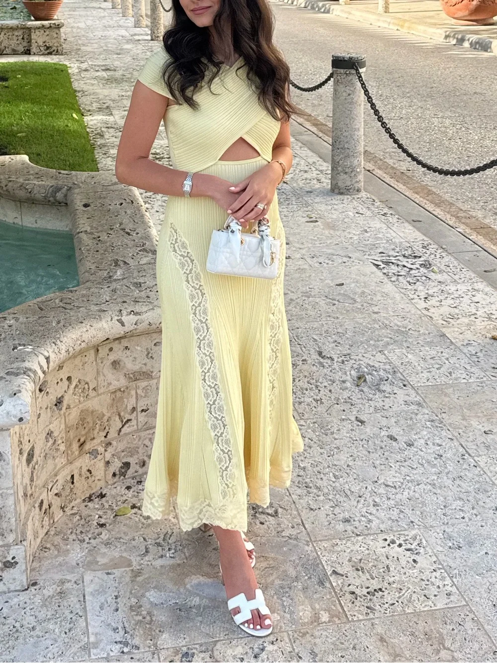 Self Portrait YELLOW KNIT LACE INSERT MIDI DRESS - Picture 7 of 8